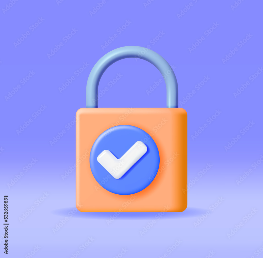 Poster 3d padlock with approved checkmark isolated. render pad lock icon with approval check mark. concept 