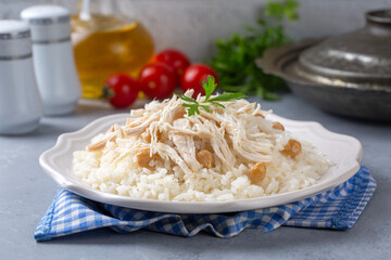 Traditional delicious Turkish food; Rice with chickpeas and chicken (Turkish name; Tavuklu nohutlu pilav or pilaf)