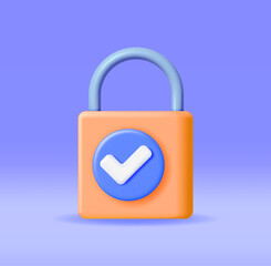3D Padlock with Approved Checkmark Isolated. Render Pad Lock Icon with Approval Check Mark. Concept of Security, Protection and Confidentiality. Safety, Encryption and Privacy. Vector Illustration