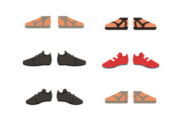 Footwear set. Stylish male and female shoes, sandals and sneakers cartoon vector illustration