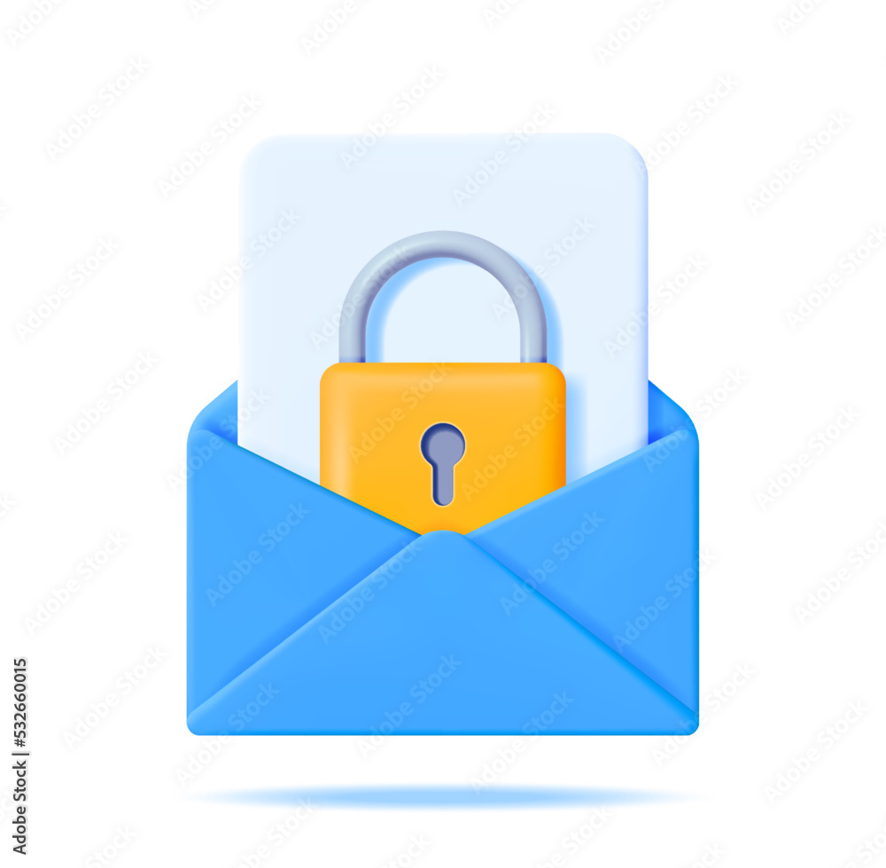 Poster 3d mail envelope and file with padlock isolated. render email with attached pad lock. computer data 