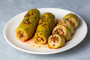 Stuffed zucchini with meat from traditional Turkish cuisine. Turkish name; etli kabak dolmasi