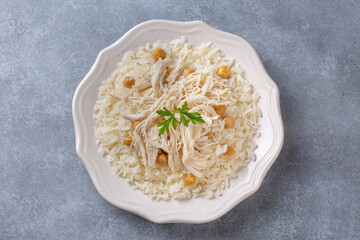 Traditional delicious Turkish food; Rice with chickpeas and chicken (Turkish name; Tavuklu nohutlu pilav or pilaf)