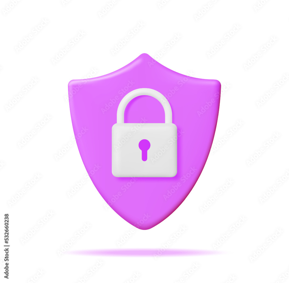 Poster 3d shield with padlock isolated on white. render icon security shield and pad lock. computer data pr