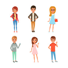 Set of students wearing fashion casual clothes standing and gesturing cartoon vector illustration