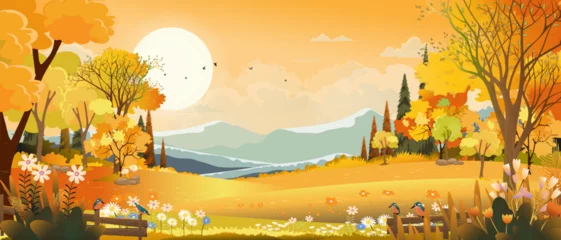  Vector Autumn panorama landscape farm field with orange sky, Beautiful sunset in Autumn countryside panorama view with yellow foliage,Fall season with copy space for banner background © Anchalee