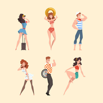 Beautiful pin up girls and guys wearing stylish clothes of 1950s cartoon vector illustration
