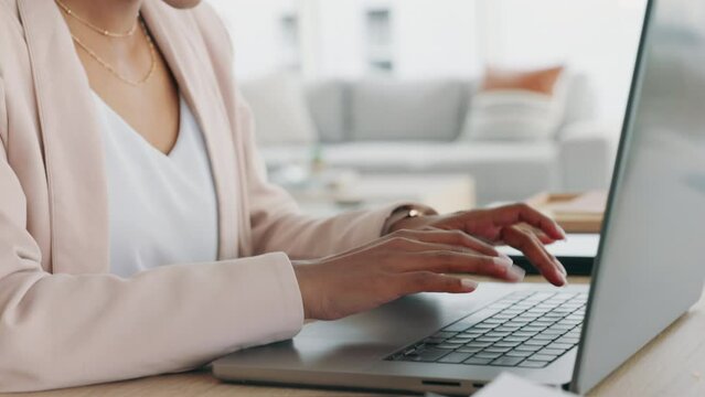 Annoyed, stress and manager typing on a laptop in a rush to send a email before the deadline. Anxiety, upset and business woman working on a corporate company report with a mistake in her office.