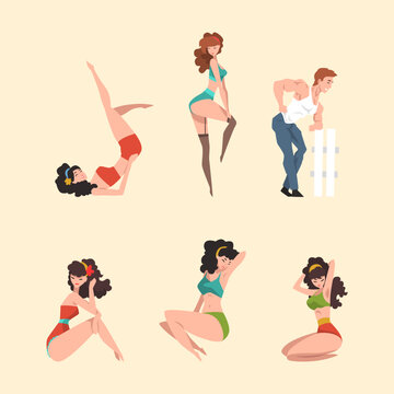 Beautiful pin up girls and guy models wearing stylish clothes of 1950s vector illustration