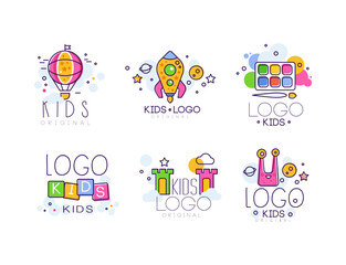 Fototapeta premium Cute kids creative logo design set. Art class, creative studio, kids center hand drawn vector Illustration isolated on white vector illustration