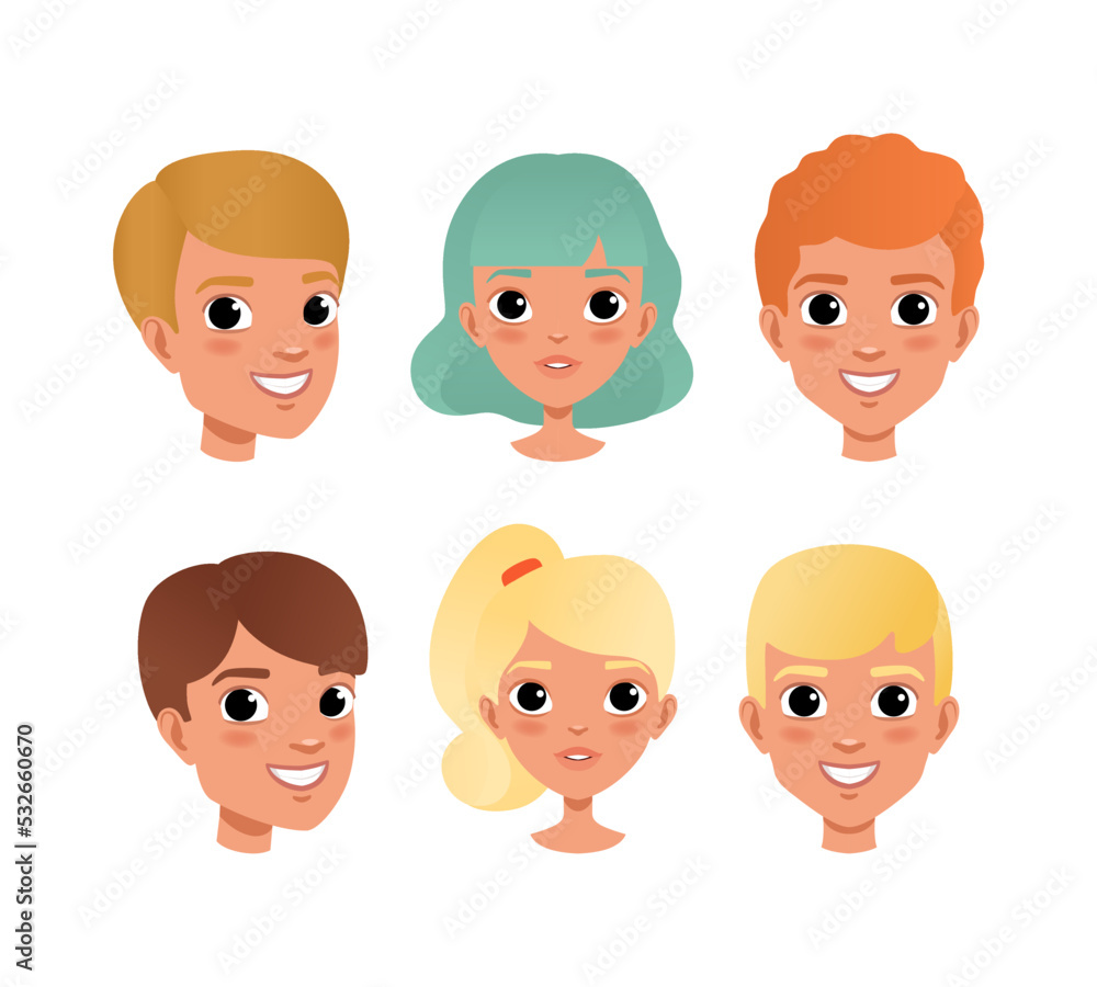 Sticker Cute teenage boys and girls heads, view from different angles set cartoon vector illustration