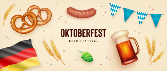 Set of realistic elements for Oktoberfest beer festival design isolated on beige background. Vector illustration of beer mug, pretzel, sausage, hops and german flag