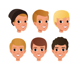 Cute boys heads with different hair color and haircuts set. Teenage girls avatars cartoon vector illustration