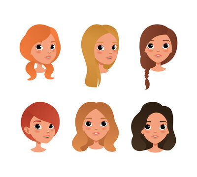 Cute girls heads with different hair color and haircuts set cartoon vector illustration