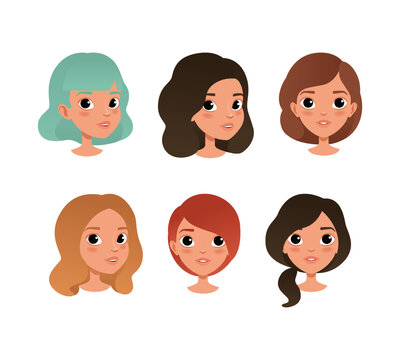 Cute girls heads with different hair color and haircuts set. Teenage girls avatars cartoon vector illustration