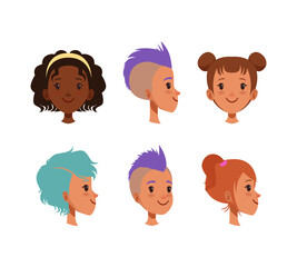 Cute girls heads, view from different angles set. Children creation constructor cartoon vector illustration