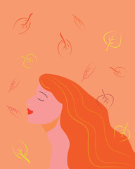 Young red-haired girl and autumn leaves. Vector illustration on isolated background