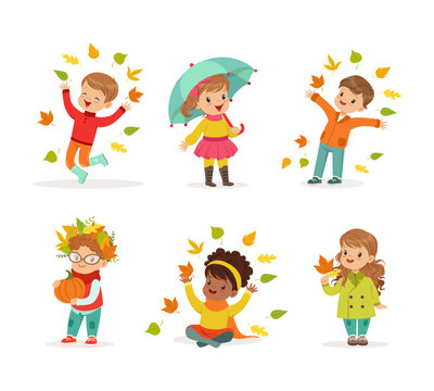 Cute kids in warm clothes walking outdoors in autumn season. Girl and boys standing under umbrella, throwing leaves cartoon vector illustration