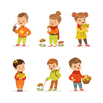 Cute kids in warm clothes walking outdoors in autumn season set. Girl and boys picking mushrooms and collecting leaves cartoon vector illustration