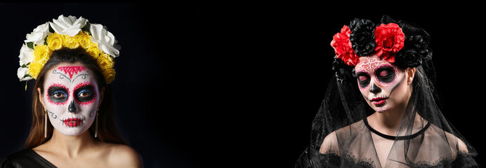 Young woman with painted skull on her face for Mexico's Day of the Dead against dark background