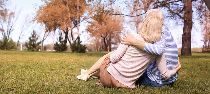 Happy Mature Couple Sitting On Grass In Autumn Park, Back View