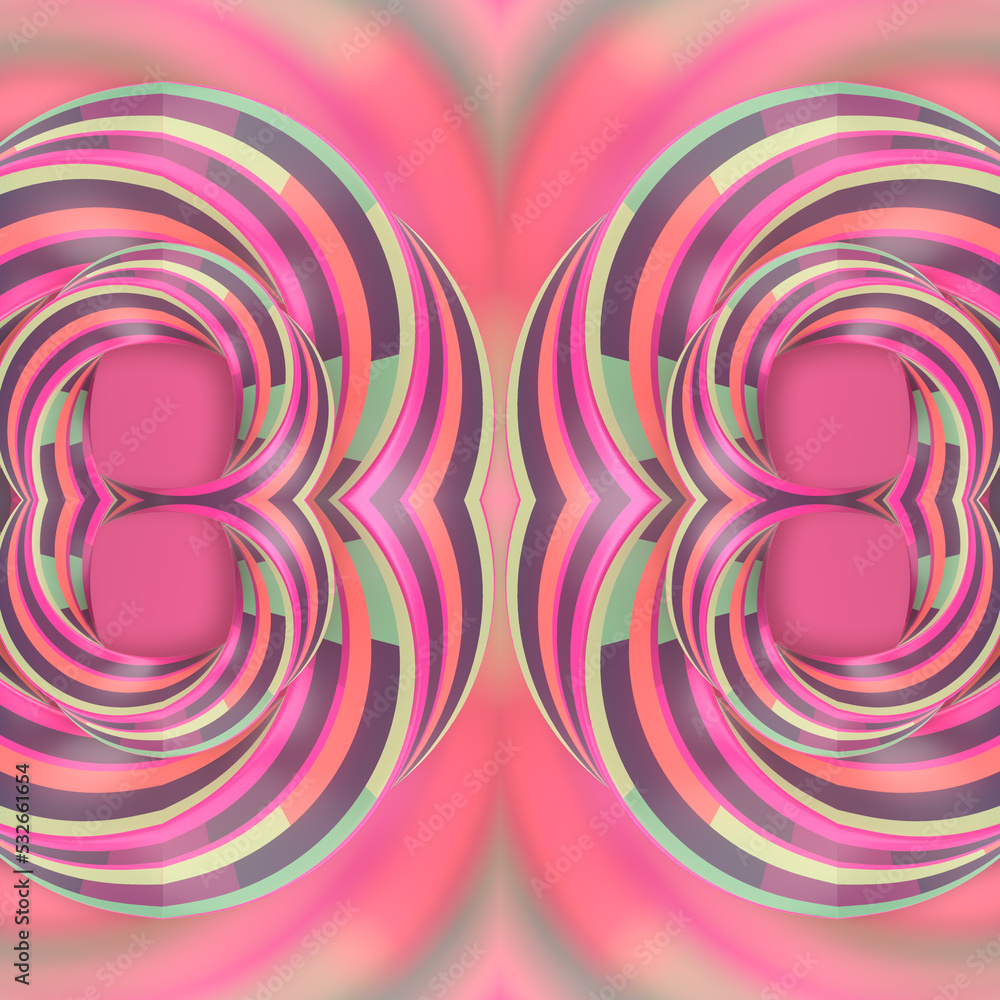 Poster Digital illustration pattern of twisted shapes with iridescent stripes. Geometric background. 3d rendering