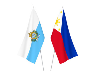 National fabric flags of Philippines and San Marino isolated on white background. 3d rendering illustration.
