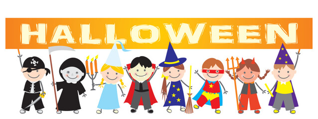 Group of children in carnival mask with banner with text Halloween, boys and girls, in a row. Vector illustration for download.