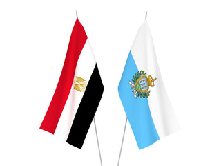 National fabric flags of Egypt and San Marino isolated on white background. 3d rendering illustration.