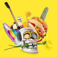 Collage of Painted skull for Mexico's Day of the Dead (El Dia de Muertos) and different symbols of...