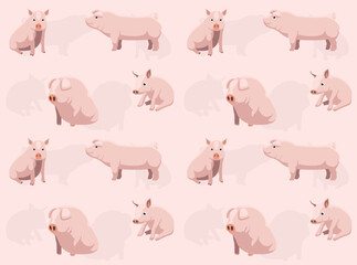 White Pig Various Poses Cute Cartoon Character Seamless Wallpaper Background