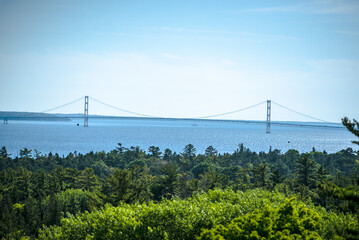 A view of the Mackinac Bridge in Michigan on a clear sunny day