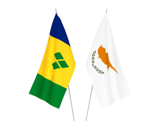 National fabric flags of Saint Vincent and the Grenadines and Cyprus isolated on white background. 3d rendering illustration.