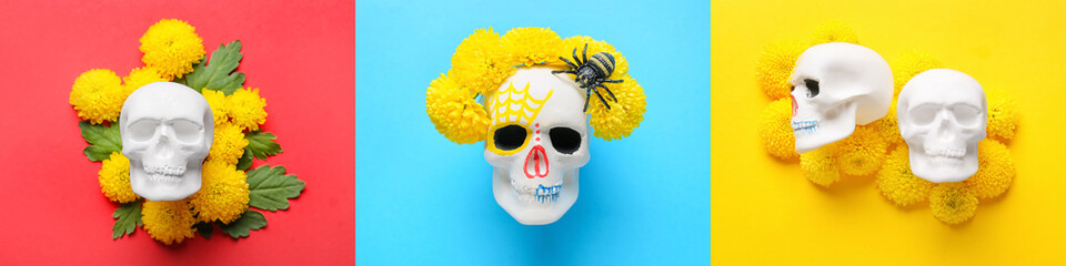 Set of sugar skulls and flowers on colorful background. Mexico's Day of the Dead (El Dia de Muertos)