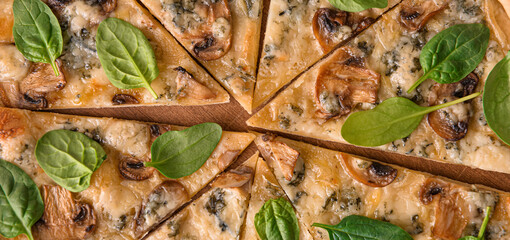 Many slices of tasty pizza with mushrooms, closeup