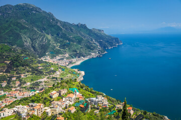 Amalfi Coast from idyllic gardens of Ravello, Campania, Italy, Southern Europe