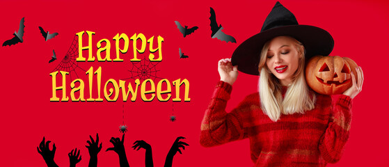 Advertising banner for Halloween party with beautiful witch and pumpkin