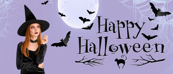 Advertising banner for Halloween party with young witch and bats