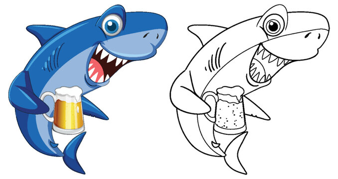 Shark and its doodle outline drinking beer