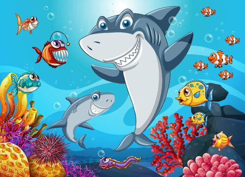 Funny shark with sea animals in the ocean