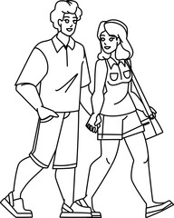 couple park line pencil drawing vector. happy nature, woman man lifestyle, outdoors people, love family, young adult couple park character. people Illustration