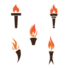 Fire torch with flame flat icons set. Collection of symbol flaming, illustration