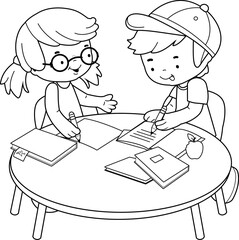 School children sitting at a desk at school doing their homework. Vector black and white coloring page.