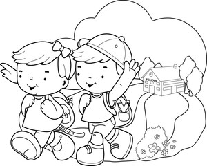Children, a girl and a boy students return from school. Vector black and white coloring page