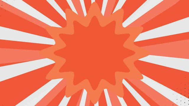 Comic pop art background Cartoon sunburst pattern red, Stripes sunburst rotating motion with clouds. Radial lines rotates on a halftone pattern. Retro backdrop for comics superhero text. 4k Animation