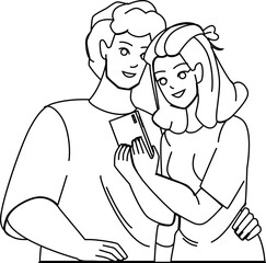couple phone line pencil drawing vector. happy man woman, smartphone young, mobile technology, internet cellphone app couple phone character. people Illustration