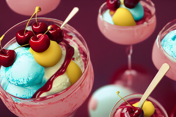 Ice cream sundae with cherries and syrup, food photography and illustration