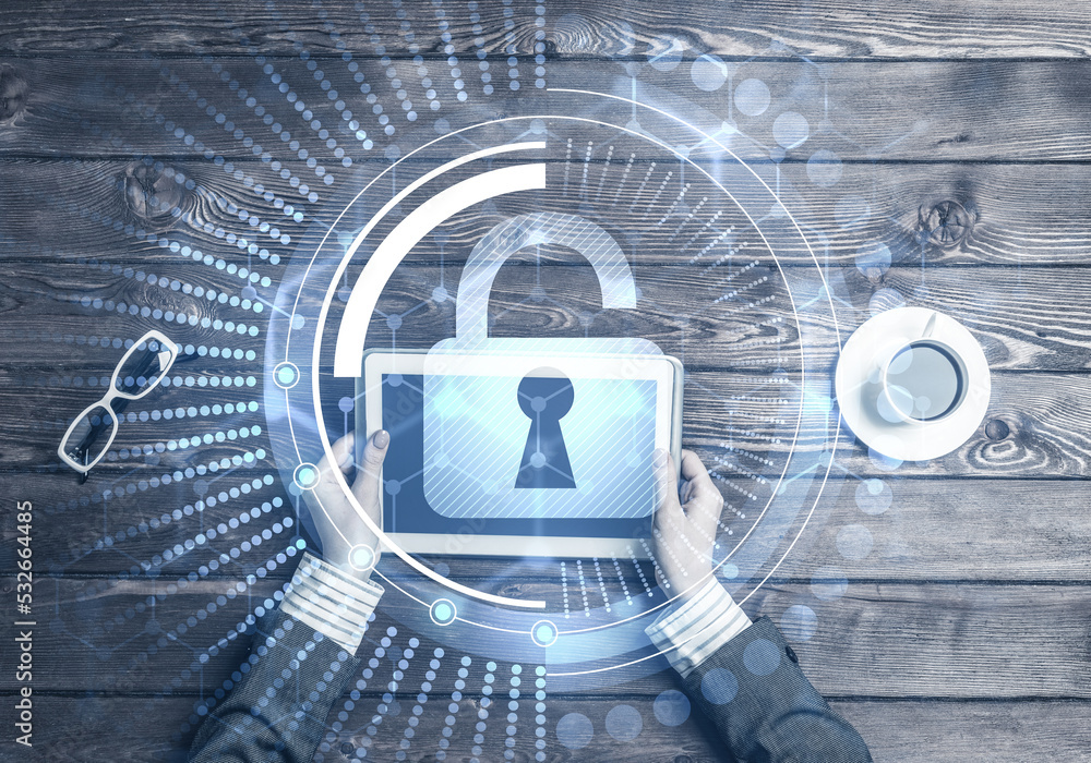 Poster concept of computer access with media lock icon on tablet screen