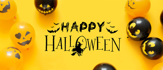 Banner with Halloween balloons on yellow background