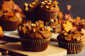 Homemade pumpkin muffins, autumn dessert, food photography and illustration